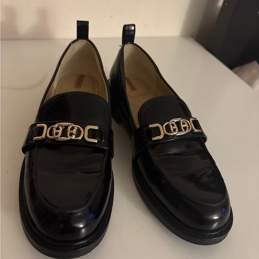 Sam Edelman Black Patent Loafers with Gold Chain Accent - Picture 5 of 5
